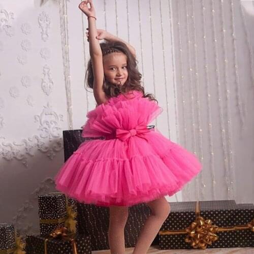 New Sweet Fuchsia Tiered Flower Girl Dresses Bow Sash Puffy Tulle Children Pageant Ball Gown Short Kids for Birthday Wedding