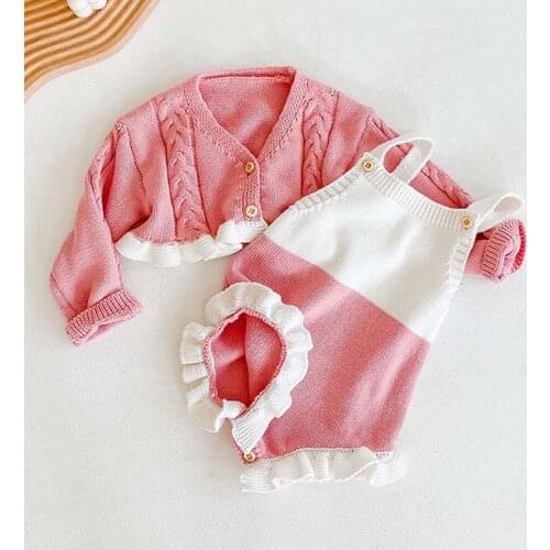 Autumn Baby Girl Clothes Set Girls Short Knit Cardigan Coat And Baby Girl Knitted Ruffled Bodysuit Jumpsuit Girls Sweater Suit