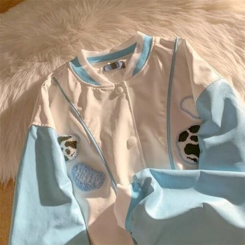Autumn women kawaii cow baseball uniform Korean casual vintage sweet long-sleeved jacket Harajuku Oversized streetwear outerwear