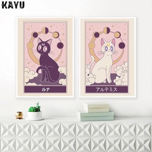 Japanese Cartoon Anime White Cat Canvas Painting Wall Art Modular Black Cat Posters Prints Pictures Nursery Girl Room Home Decor
