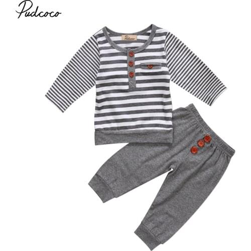 Casual Newborn Baby Girls Boys Clothes Tops Striped Pocket T-shirt + Gray Button Pants Outfits Set 0-24M