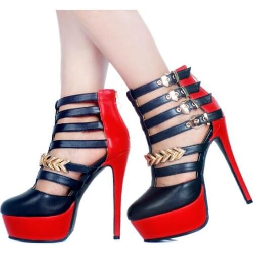 Drop Shipping Brand Woman Black Red Gold Patchwork Chains Buckles Round Toe Zip Back Platform Cuts Out High Heel Party Pumps 45