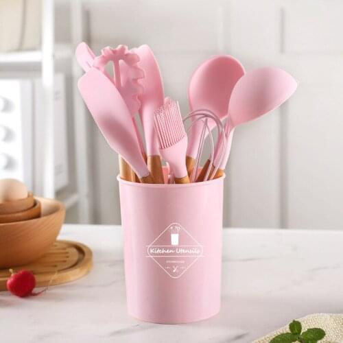 Pink Food Grade Silicone Utensil with beech wood handle kitchen accessories Heat-resistant Non-stick Cookware Baking Accessories