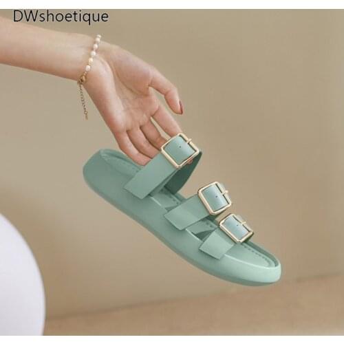 Summer buckle strap genuine leather women slides casual platform flat women sandals