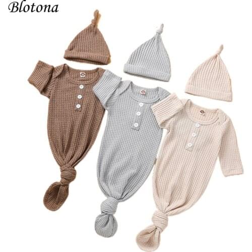 Blotona Newborn Baby Sleeping Bag + Hat, Button Decoration Solid Color Simple Style Home Night Clothing
