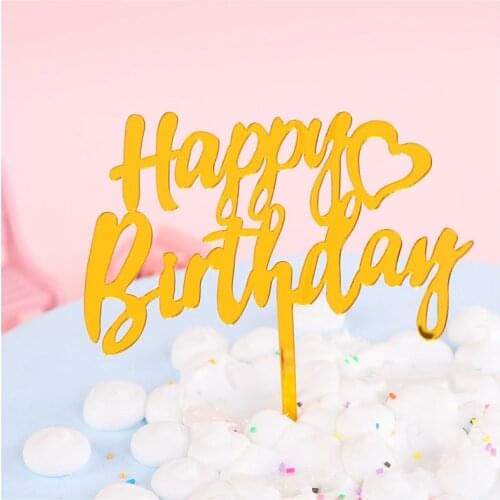 New Love Heart Happy Birthday Acrylic Cake Topper Gold Black Birthday Cupcake Topper for Kids Birthday Party Cake Decorations
