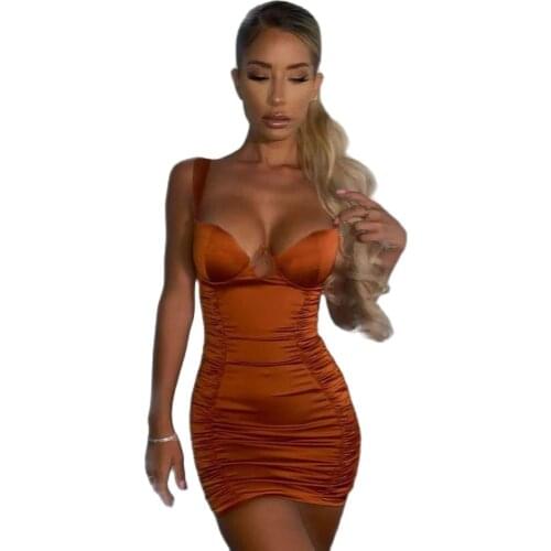 XLLAIS Satin Brown Birthday Ruched Dresses Women Sexy Strapless Tight Slim Bodycon Mini Vestidos Zip Up Robes Holiday Outfits