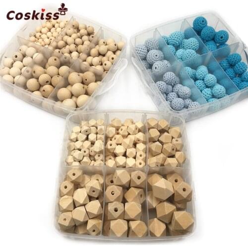 DIY Nursing Jewelry 3 Boxed Wooden Teether Geometric Hexagon Round Crochet Beads Wooden Teether Pacifier Clip Baby Teether Toys