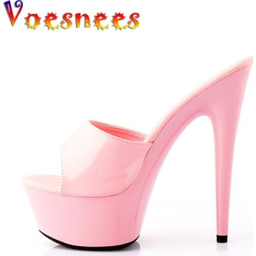 Voesnees Shoes Ladies New 2021 Summer Elegant High Heels Slippers 15 cm Candy Color Sexy Platform Womens Shoes Thick Bottom