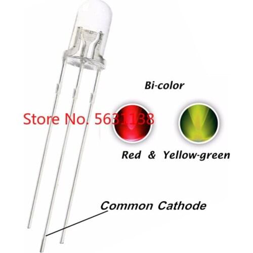 100pcs 5mm Red + Green Bicolor LED Emitting Diode Round Head Transparent DIP-3 Common Cathode Water Clear Lamp Light Beads leds
