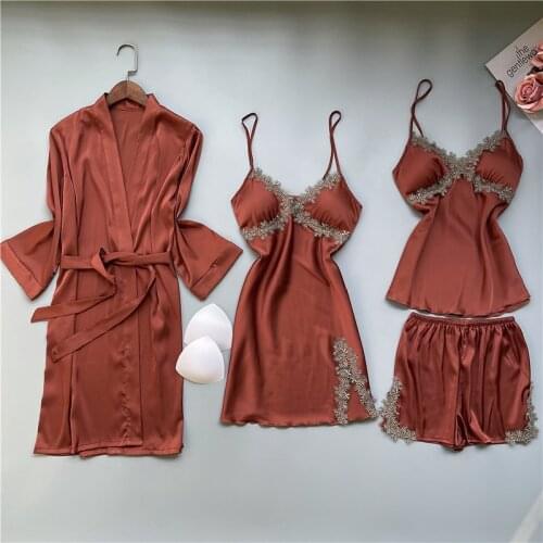 4PCS Women Lace Pajamas Sets Spring New Satin Pijamas Sleep Suit Sexy Top&Shorts Sleepwear Casual Lounge Home Wear Nightwear