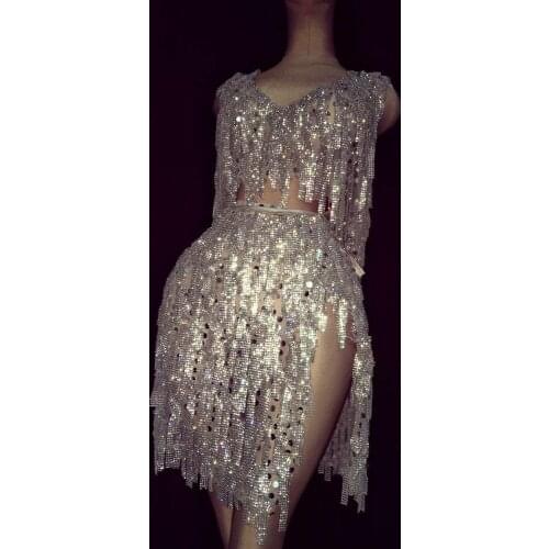 Shiny Silver Tassel Rhinestone Top + Skirts Stage Outfit Sets Women Nightclub Prom Celebration Singer Dress Performance Wear