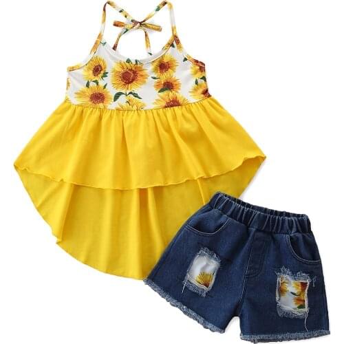 Infant Kids Baby Girls Sunflower Print Clothes Set, Sleeveless Irregular Hem Sling Tops + Elastic Waist Ripped Denim Shorts