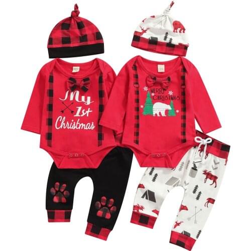 Three Piece Baby Boy’s Clothes Fashion Christmas Print Long Sleeve Romper and Trousers with Hat 0-18M