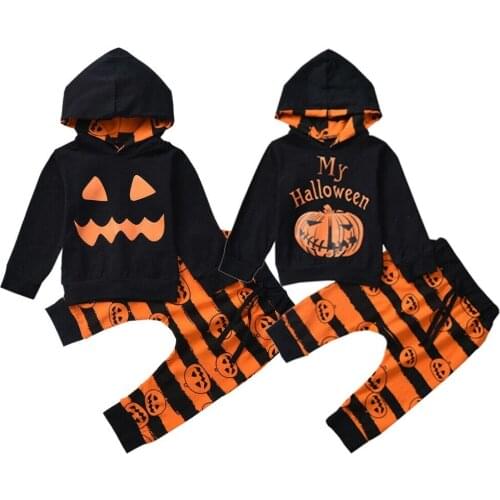 Toddler Pumpkin Baby Halloween Set Clothes Kid Infant Girl Boy Print Hooded Sweatshirt Up Stripe Pant Casual 2Pcs Outfits