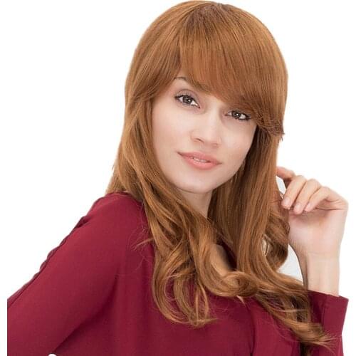 Long Curly Wig 58 cm | Light Brown Human Hair Full Head Wig with Oblique Fringe | Daily Party Heat OK