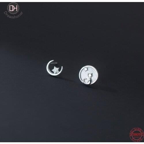 Dreamhonor Minimalist 925 Sterling Silver Asymmetrical Star Moon Cat Shape Shell Stud Earrings For Women Creative Fashion Gifts