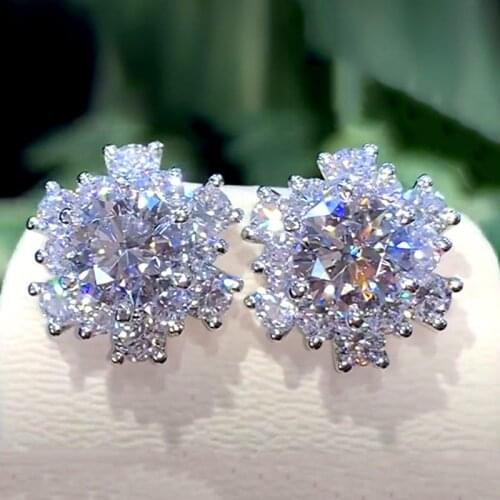 Huitan AAA Cubic Zirconia Stud Earrings for Women Flower Shaped Engagement Wedding Earrings High Quality Silver Color Jewelry