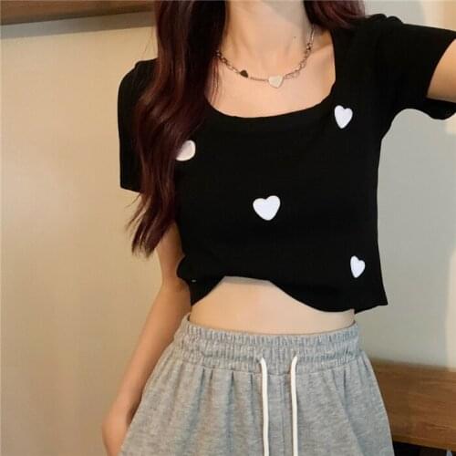 Summer Knitted T Shirt Short Sleeved Elegant Sweet Heart Printing Sexy Square Collar Dew Clavicle Tops Women Clothing Wholesale