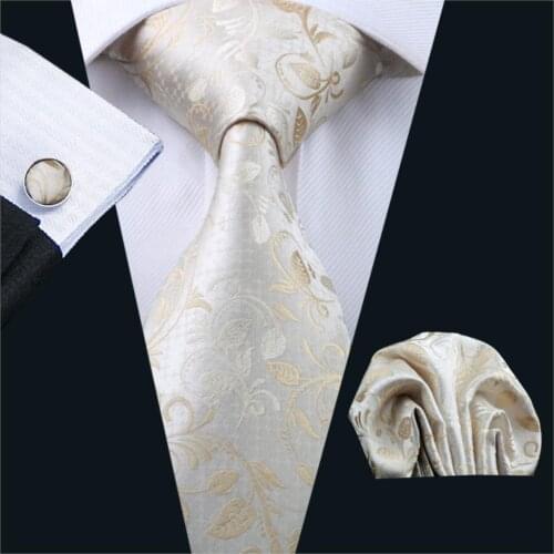 2016 Men`s Tie Beige Novelty Silk Jacquard Woven Gravata Necktie Handkerchief Cufflinks Set For Business Wedding Party FA-1167