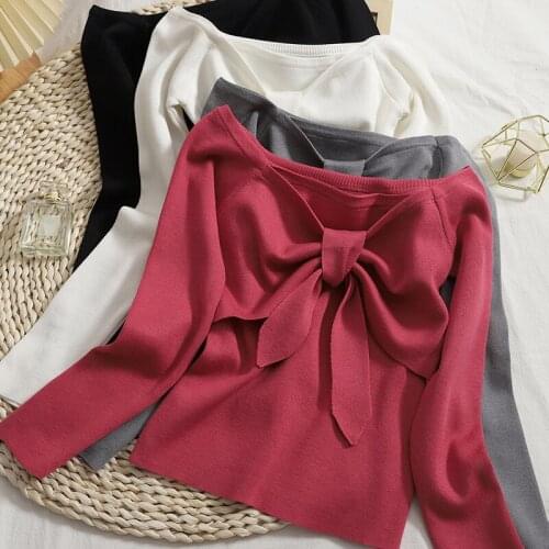 Solid color strapless off shoulder knit sweater women Pullovers autumn 2021 temperament bowknot Korean slim top women sweaters