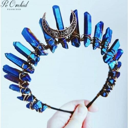 PEORCHID Multicolored Wicca Rawl Crystal Crown Women Headband Dark Blue Black Moon Hair Jewelry Wedding Bridesmaid Headdress