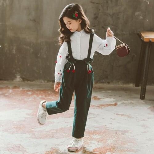 Teenage Clothes Cherry Embroidery Shirt + Jumpsuit 2 Pcs Kids Clothes Lantern Sleeve Suit For Girls Spring Casual Girls Clothes