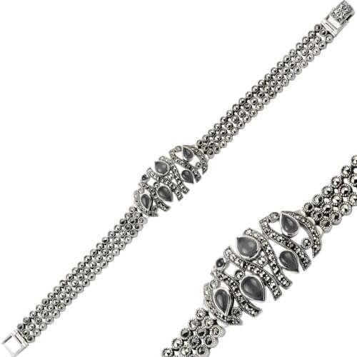 Silver 925 Sterling Marcasite & Natural Stone Bracelet