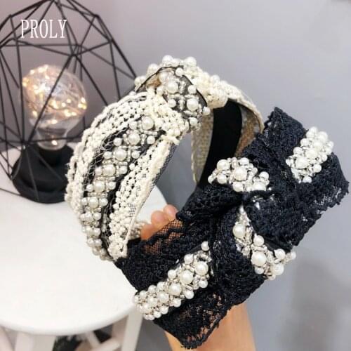 PROLY New Fashion Women Headband Wide Side Lace Pearls Hairband Center Knot Flower Hair Band For Girls Top Hair Accessories