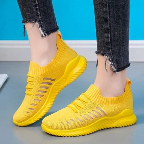 Women Sneakers Mesh Breathable Lace Up Ladies Vulcanized Shoes Solid Knitted Casual Flats Summer 2021 Female Running Socks Shoes