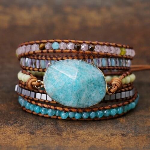 Womens Wrap Bracelet Amazonite Crystal 5X Leather Strap Bracelets Multilayers Statement Punk Bracelet Yoga Bracelet Dropshipping