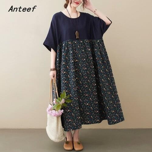 Short sleeve cotton vintage floral dresses for women casual loose long woman summer dress elegant clothes 2021