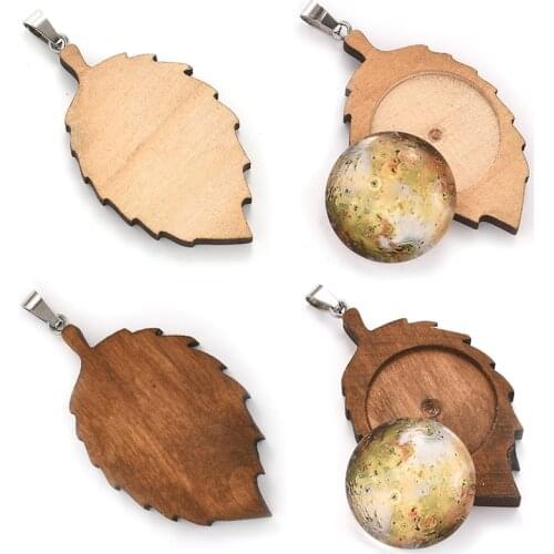 10pcs/Lot 25mm Cabochon Base Wooden Leaf Setting Stainless Steel Hooks Pendant Wood Bezel For DIY Jewelry Making