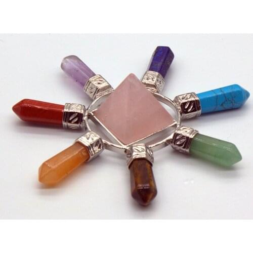 100-Unique Silver Plated Rose Pink Quartz Square Pyramid Hexagon Column Colorful Chakra Stone Energy Emitter Pendant