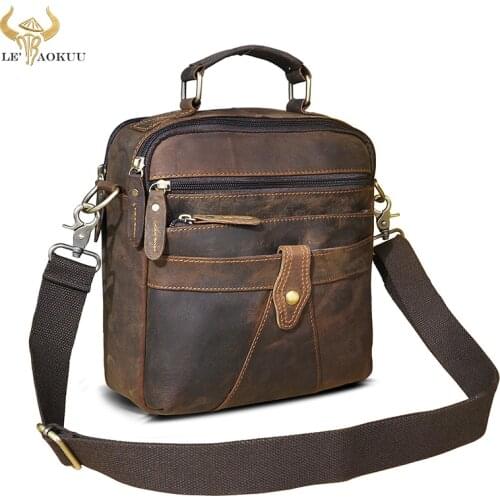 2020 Top Quality Leather Male Casual Brown Messenger bag Travel Fashion Cross-body Bag 8" Tablet Tote Mochila Satchel bag 041
