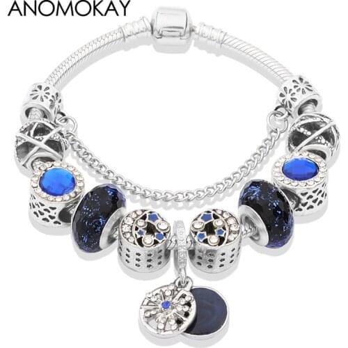 Classic Mysterious Star Moon Charm Bracelet Silver Color Snake Chain Bracelet Diy Bead Bracelets for Men Boy Casual Jewelry Gift
