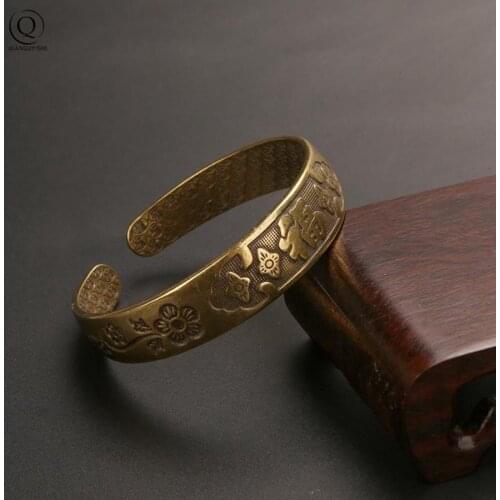 Retro Brass Hundred Chinese Letters Blessing Flower Bangle Adjustable Copper Antique Lucky Women Hand Bracelet Mothers Day Gift