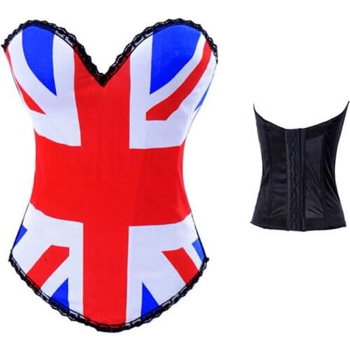 UK Flag Pattern Print Punk Corset Cotton Push Up Bra Top Overbust Burlesque Bustier Sexy Gothic Espartilhos Steampunk Corselet