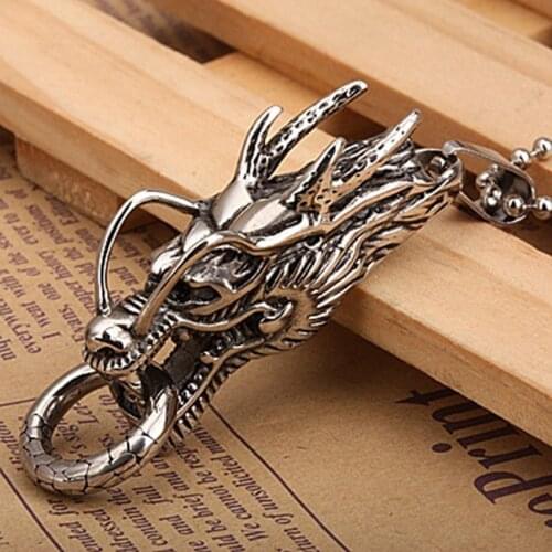Trendy-beads Vintage Style Stainless Steel Chinese Totem Dragon Head Pendant Necklace Link Chain Charm Jewelry