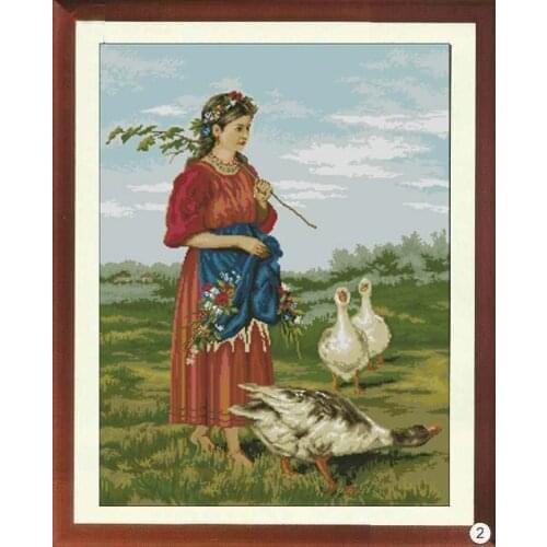 Maid Lass Girl with Flower and Goose Gift Embroidery Needlework 14CT Unprinted Cross Stitch Kits DIY Handmade Art Home Decor