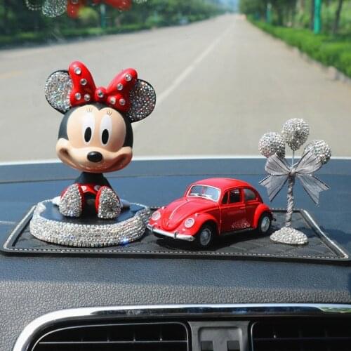 Disney Mickey Cartoon Figure Toys Car Ornaments Cute Car Decoration Accessories Diamond Mickey Minnie Shaking Head Model Doll