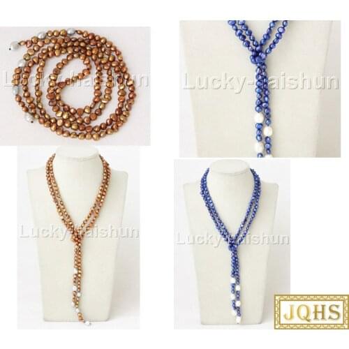 JQHS Long 45" Baroque Freeform potato navy blue coffee freshwater pearls Beaded Strand necklace j11857-4