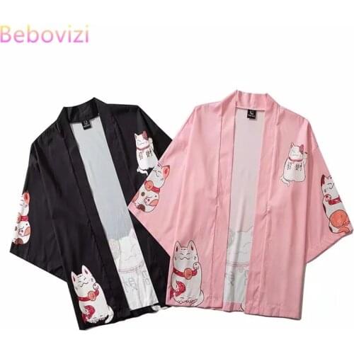 S- XXL Pink Black Harajuku Japanese Fashion Kimono Women Tops and Blouses Men Asian Clothes 2020 Summer Beach Cardigan