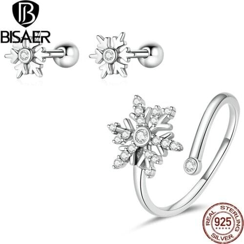 BISAER Authentic 925 Sterling Silver Snowflake Earrings Rings Set For Women 925 Silver Jewelry Set Luxury Wedding Brincos WES238
