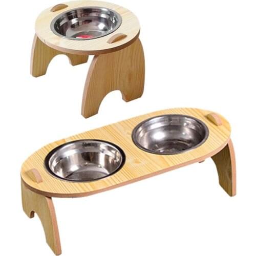 Raised Cat Food Water Bowl Wood Frame Slanted Pet Feeding Stainless Steel Food