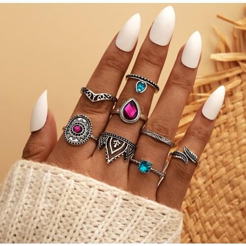 Boho New Crown Leaf Flower Rings for Women Girl Gothic Joint Water Drop Gem Stone Crystal Ring Set Bohemia Jewelry Anillos