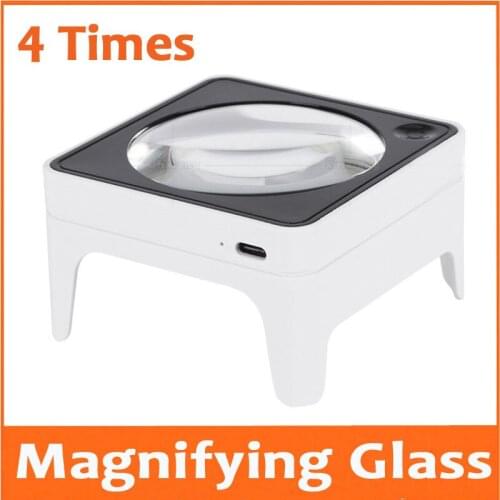 4 Times Square Glass Desktop Portable Rechargeable Reading Appreciation Magnifier K9 Optical Magnifying Glass with 4pcs Lamps