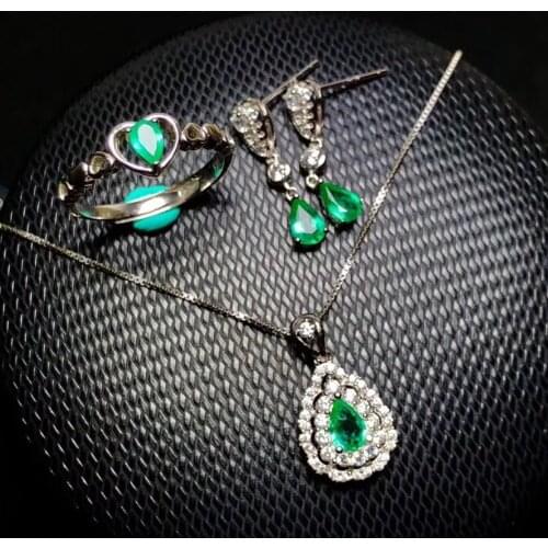 Natural green emerald Ring Pendant Earrings Natural Gemstone Jewelry Set S925 Silver Fashion water drop Women party gift jewelry