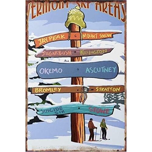 Tin Sign Holiday Travel Agency Vermont Ski Areas Vintage Retro Metal Sign Home Bar Pub Cafe Wall Decoration Man Cave 8X12 inch