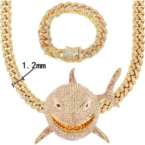 Shark Pendant Necklace for Men Hip Hop Bling Crystal Iced Out Miami Cuban Link Chain Bracelet Fashion Jewelry Choker Necklace